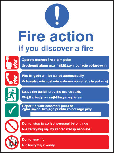 Fire Action Auto Dial With Lift (English/Polish) Sign