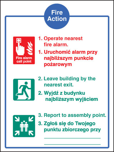 Fire Action Auto Dial Without Lift (English/Polish) Sign
