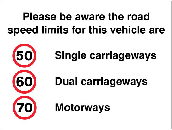 Please Be Aware The Road Speed Limits For This Vehicle Are 50,60,70mph Sign