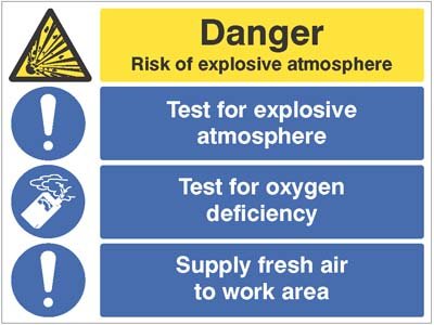 Risk Of Explosive Atmosphere, Test For Oxygen Deficiency, Supply Fresh Air Sign