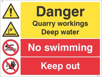 Danger Quarry Workings, Deep Water, No Swimming, Keep Out Sign