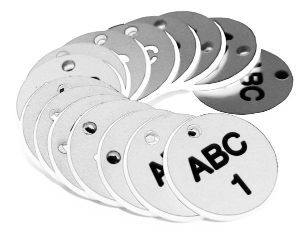 27mm Engraved Valve Tags - 50 Sequential Numbers - (Eg. 1-50) Black Text On White