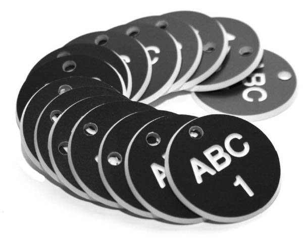 27mm Engraved Valve Tags - 50 Sequential Numbers - (Eg. 1-50) White Text On Black
