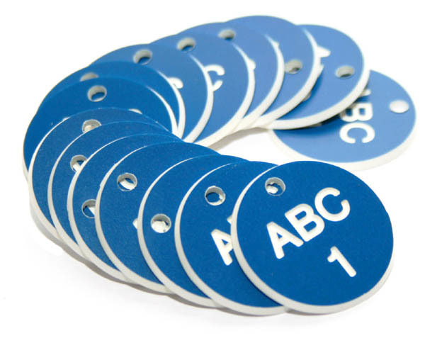 27mm Engraved Valve Tags - 50 Sequential Numbers - (Eg. 1-50) White Text On Blue