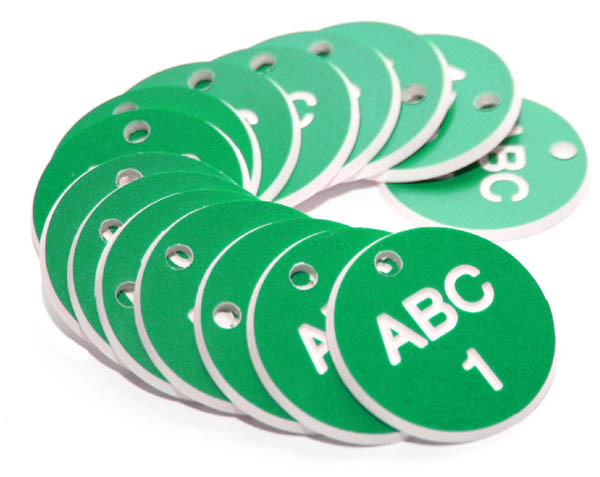 27mm Engraved Valve Tags - 50 Sequential Numbers - (Eg. 1-50) White Text On Green