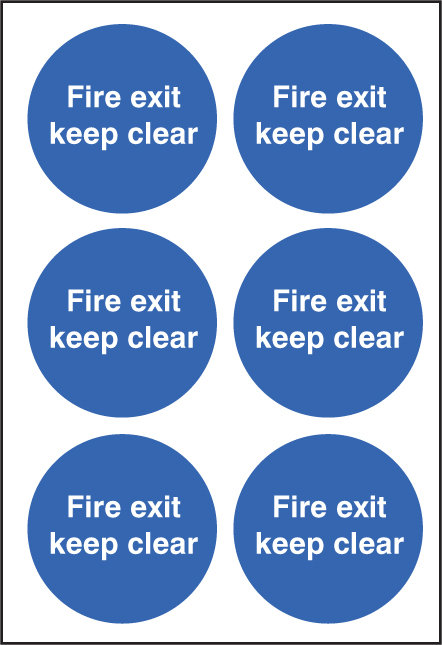 Fire Exit Keep Clear 65mm Dia - Sheet Of 6