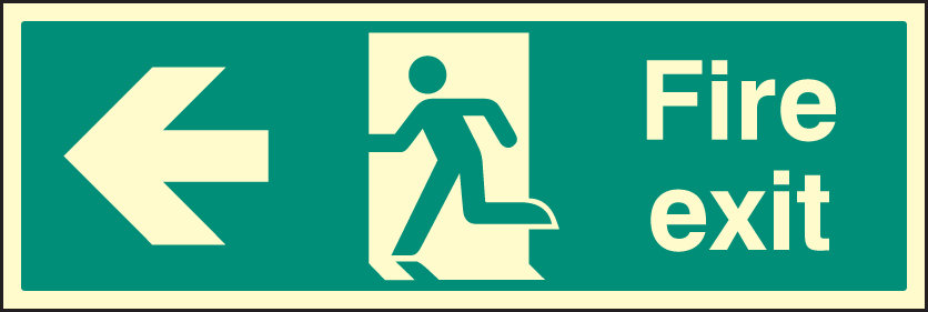 Fire Exit Left Single Sided 900x300mm Photoluminescent Sign - Fire safety Sign