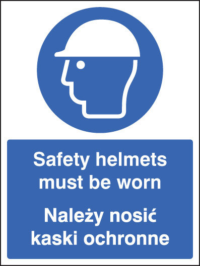 Safety Helmets Must Be Worn (English/Polish) Sign