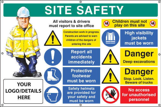 Site Safety, Multi-Message, Deep Excavations, Custom Banner C/W Eyelets 1270x810mm