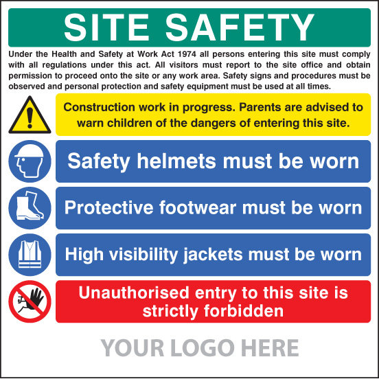 Site Safety Board, Helmets, Footwear, Hi Vis, Unauthorised Entry, Site Saver Sign 1220x1220mm