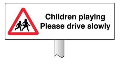 Verge Sign - Children Playing Please Drive Slowly 450x150mm (Post 800mm)