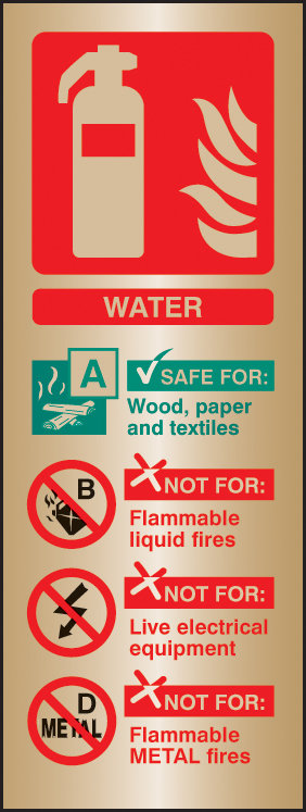 Water Fire Extinguisher identification Brass Sign 75x200mm Size