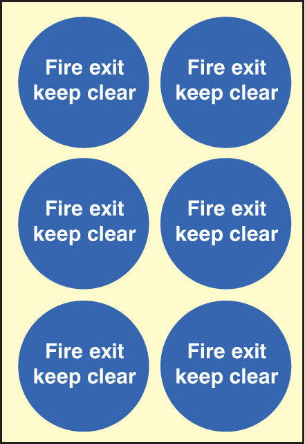 Fire Exit Keep Clear 65mm Dia - Sheet Of 6 Photoluminescent