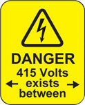 Danger 415 Volts <-Exists Between-> Roll Of 100 Labels 40x50mm