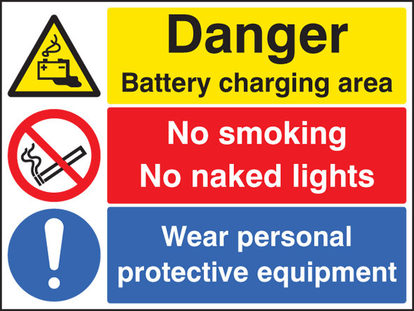 Battery Charging Area, Wear PPE, No Smoking, No Naked Lights Sign