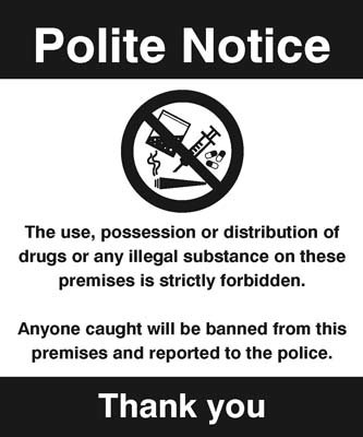 Drugs The Use, Possession Or Distribution Of Drugs Is Strictly Prohibited' Sign